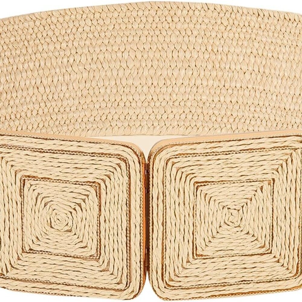 Women Stretchy Woven Belt Straw Wide Elastic Waistband Fit Dress Casual Summer